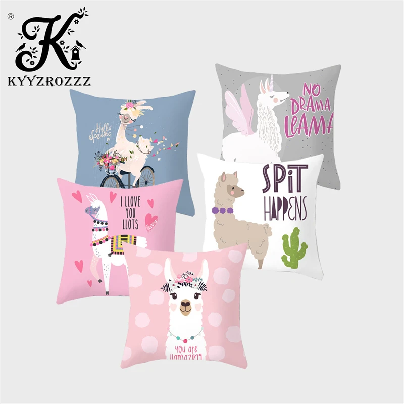 

Cute Alpaca Animal Cushion Cover Cactus Polyester Printing Home Children's Room Decorating Sofa Chair Hugging Pillow Case 45CM