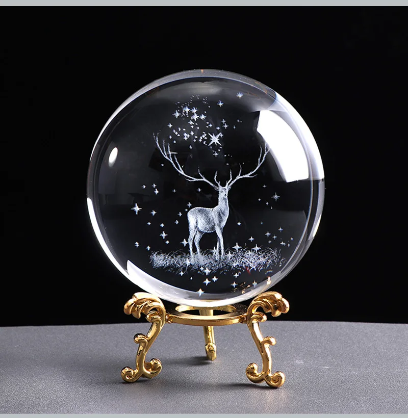 60MM 3D Crystal Ball Glass Laser Engraved Miniature Wapiti Sphere Decor Gift 