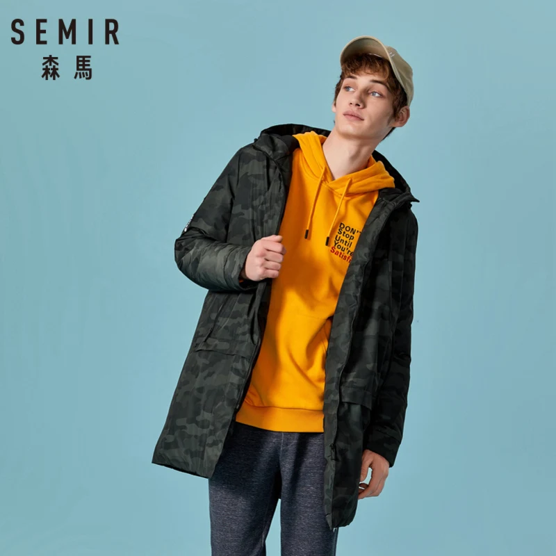 

SEMIR Men Long Down Hooded Jacket Camo Print with Inner Pocket Mens Down Filling Puffer Jacket with Drawstring Hood Back Vent