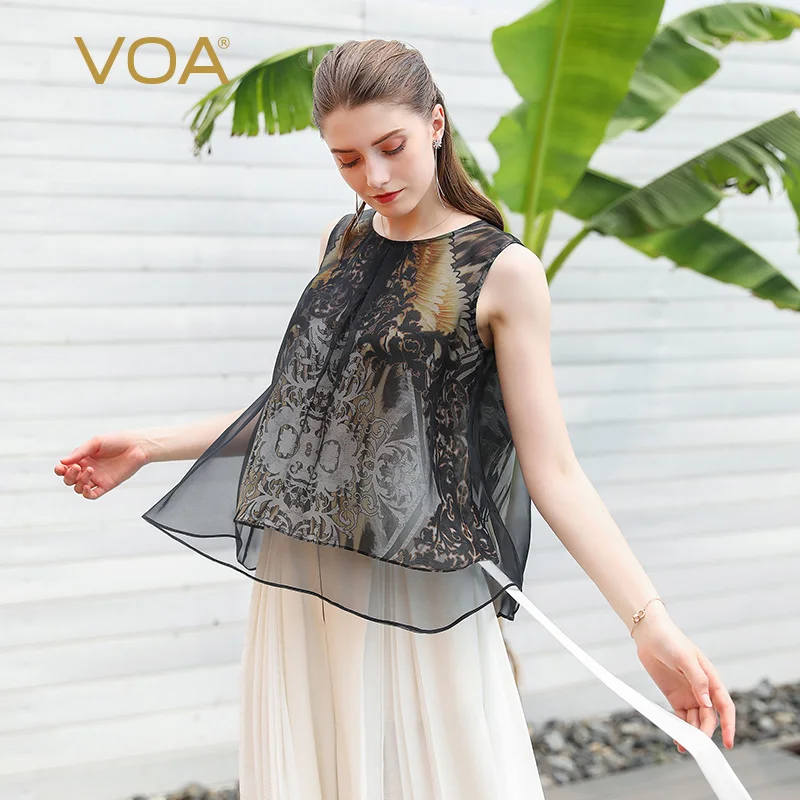 VOA 2018 Zijde Zomer Splice Mujer De Moda Zwarte Elegante Camisetas Mujer Verano Feminina Afdrukken Mouwloos T-shirt Vrouwen B571