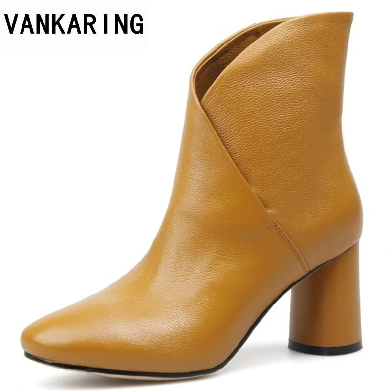 

VANKARING spring autumn fashion genuine leather ankle boots 2018 new woman square high heels shoes woman black boots women shoes