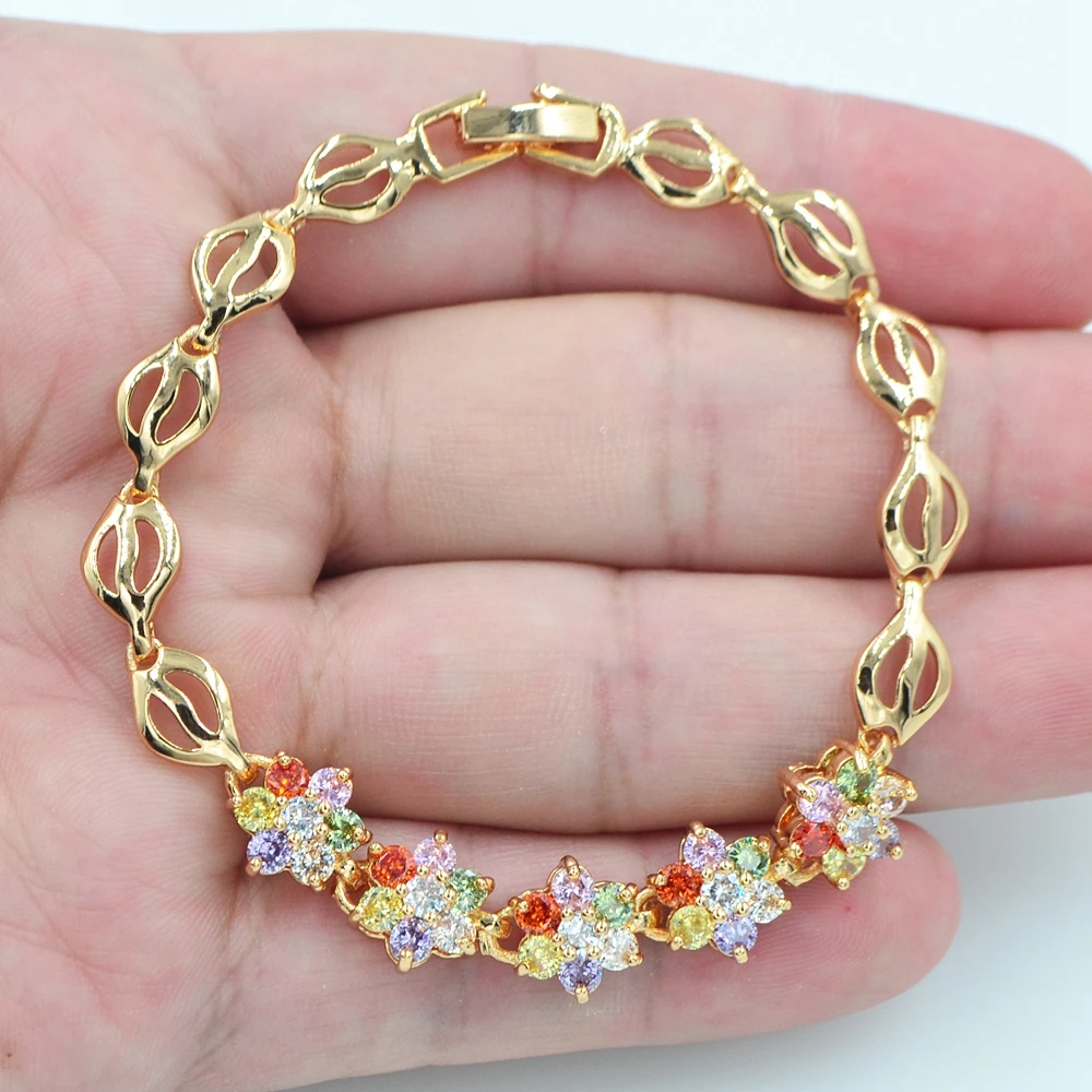 

Gold Color AAA+ Cubic Zirconia Fashion Women Cute Multicolor CZ Flower Charm Bracelet Jewelry