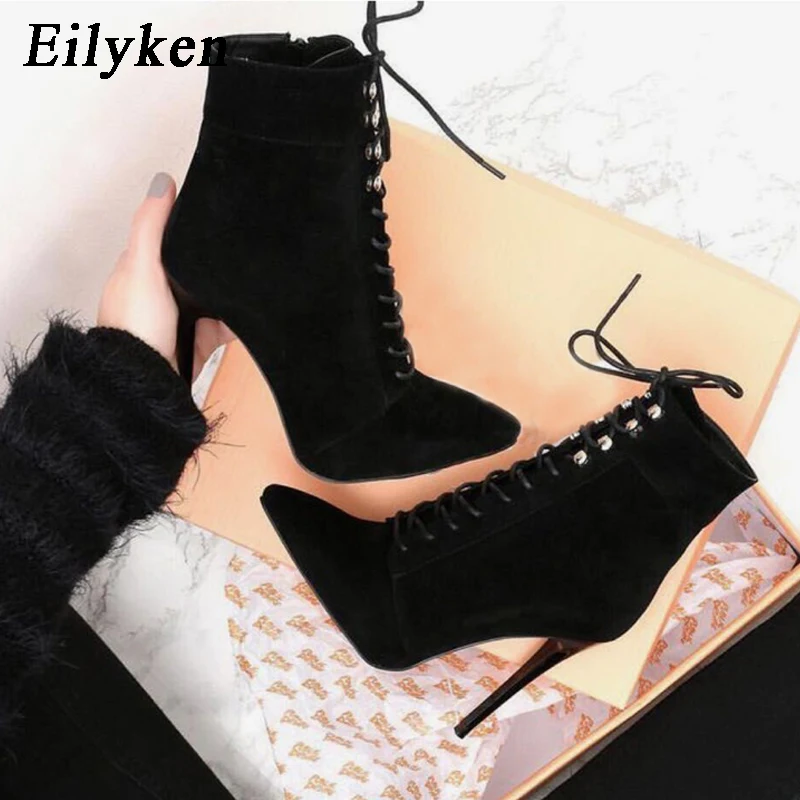 Skup Eilyken nowe Punk kobiety botki zasznurować szpiczasty nosek szpilki czarne chelsea Boots pompy 11CM buty dla kobiet