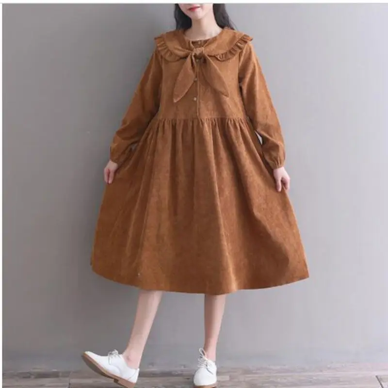 

Autumn Winter Corduroy Dress 2018 New Women Bow Collar Lantern Sleeve Vintage Dresses Japanese Mori Girl Vestidos M-XXL