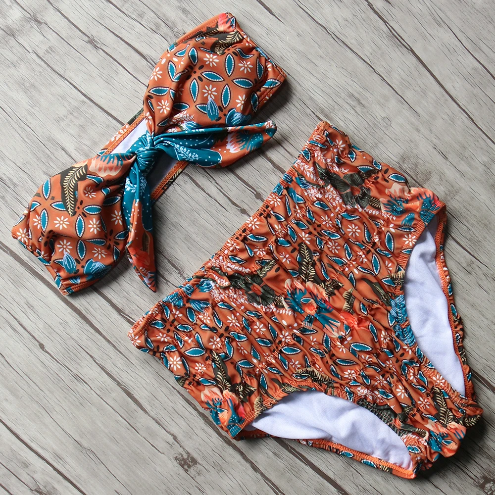 

bandeau swimsuit women high waist bikini printed bikini set tie front bathing suit padded swimwear sexy off shoulder swim wear