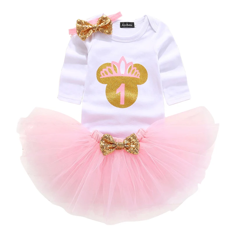 Одежда для маленьких девочек нарядная одежда для первого дня рождения комплекты одежды для младенцев комбинезон+ юбка-пачка+ Цветочная шапочка, костюмы для новорожденных