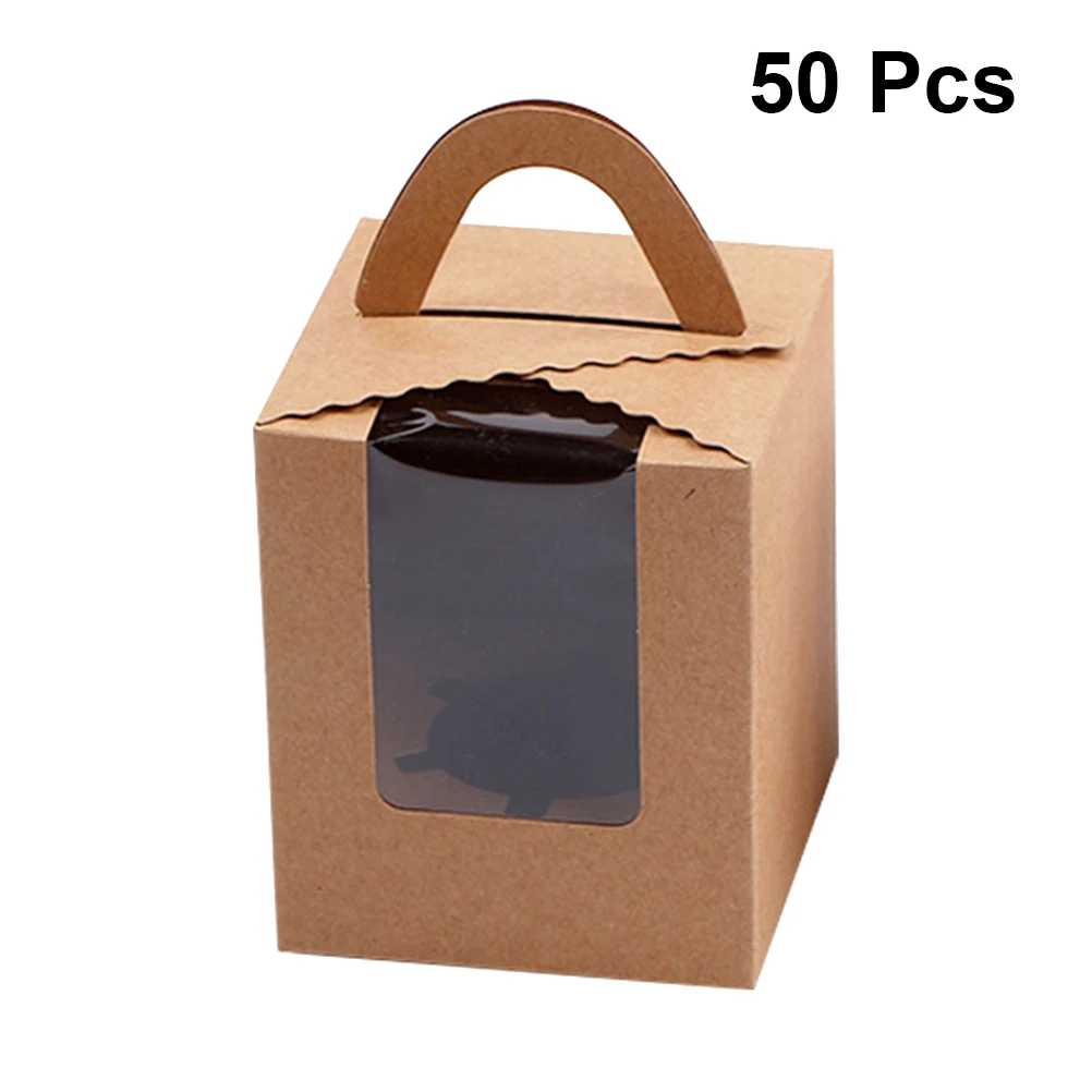 

50pcs Portable Single Cavity Cupcake Box With Window Insert Cupcake Containers For Home Dessert Shop Party Supplies(Kraft Paper)