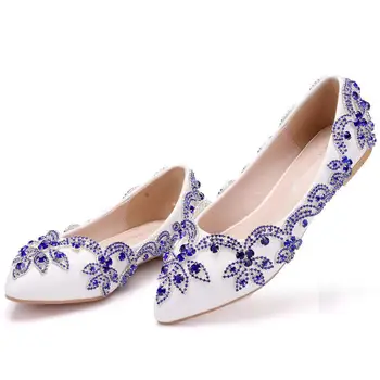 

Women Blue Rhinestone Flower Wedding Shoes Crystal Woman Summer Luxury Shallow Single Shoes Pointed Toe Ballet Flats Loafers 43