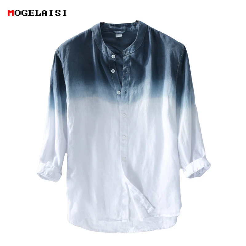 Acheter Nouveau printemps 2018 Chemise Hommes lin coton trois quarts Manches Chemises Pour Hommes col montant Chemise Confortable taille Asiatique M XXXL