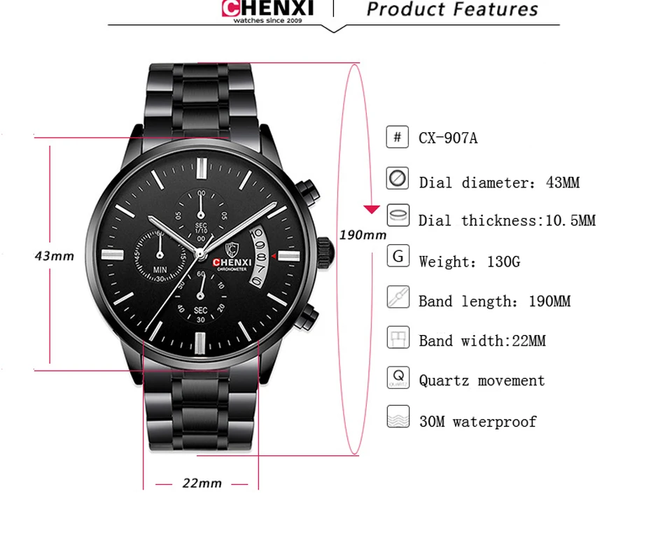 CHENXI relojes hombre все черные стальные полосы мужские кварцевые часы многофункциональный хронограф мужские модные наручные часы