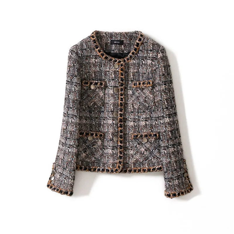 

Handmade Luxury Blazer Suits for Women Fashion Vintage Lattice Tweed O Neck Single Breasted Short Blazers Coat