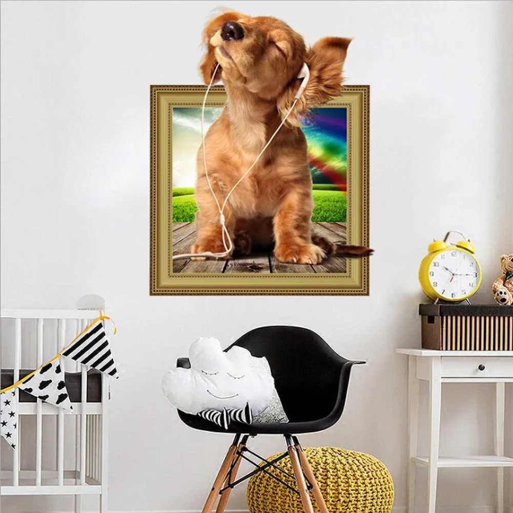 

3D Cats Dogs Wall Sticker Hole View Vivid Dogs Animal Vinyl Decals Art Sticker For Wall Poster Wall Art Decor