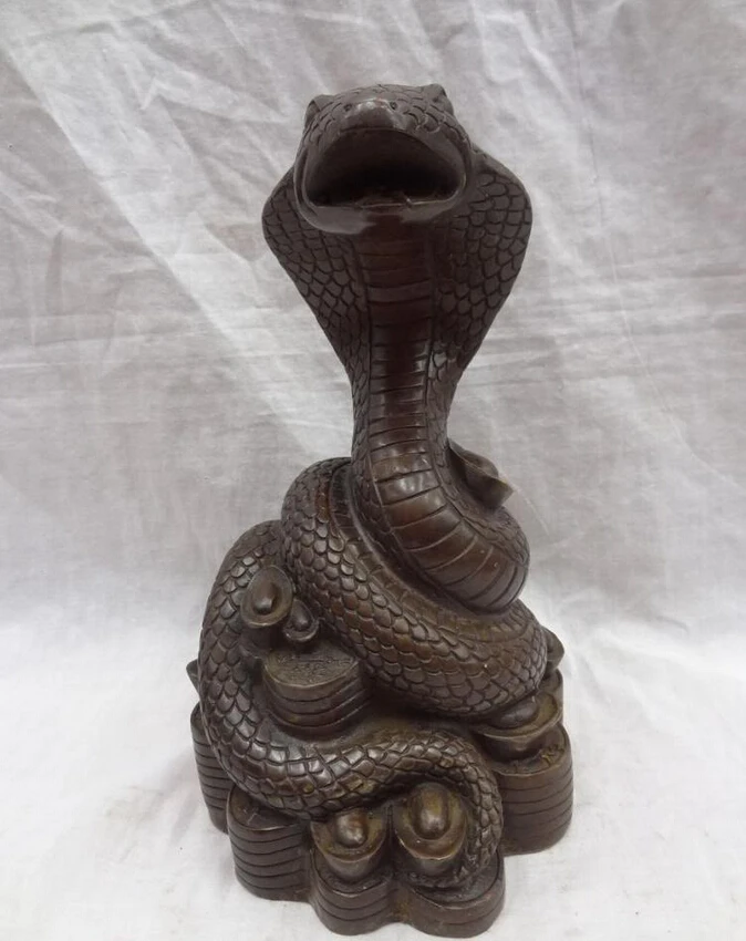 

S2702 10" Folk Chinese Bronze Year Zodiac Wealth Coin FengShui YuanBao Snake Statue D0317
