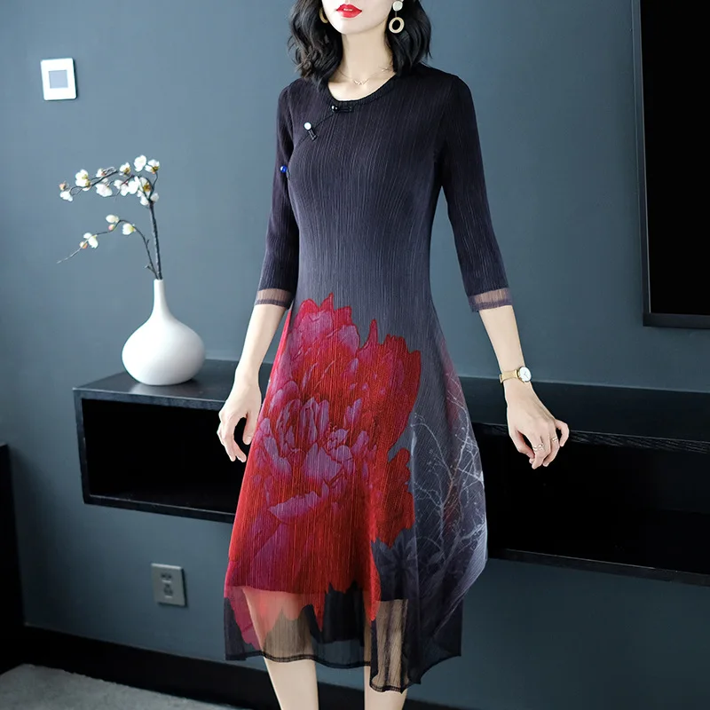 Del Il Pulsante Maniche Pieghe red Stampato Di Più Miyake Dell'annata Blue Vestito Per Peso Delle 3 Black Autunno 4575 Donne Formato Kg 4 navy Metà Polpaccio Le OTwiuPlkXZ