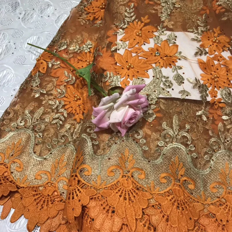 

Free shiping (5yards/pc) orange African tulle lace fabric 2019 newest embroidered French net lace fabric with beads stones FLV74
