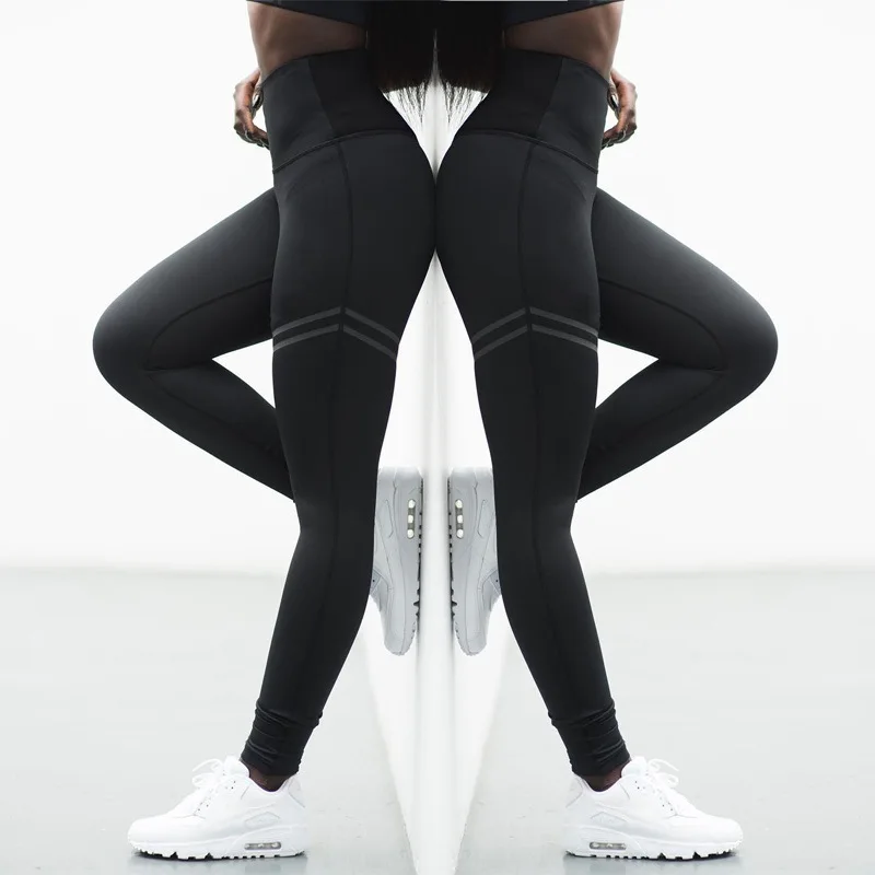 Полиэфирные леггинсы женские с высокой талией тянущиеся леггинсы для фитнеса - Цвет: Черный