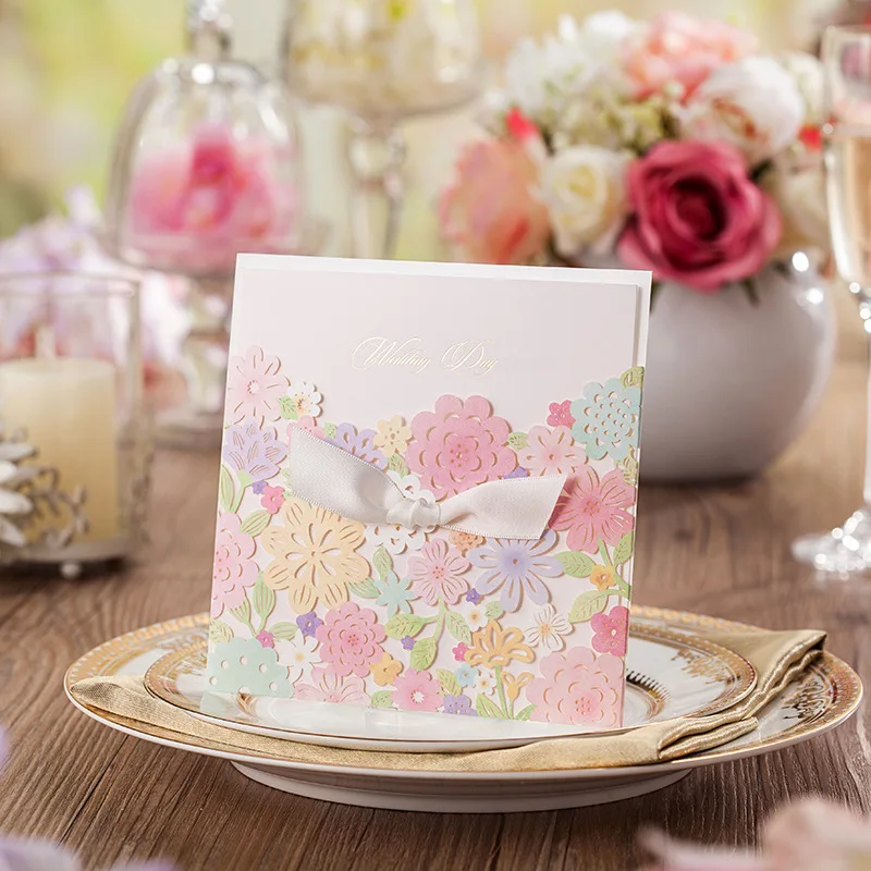 Personalized Elegant Floral Cut Wedding Invitation card color pink color 30SET/LOT Free Printing