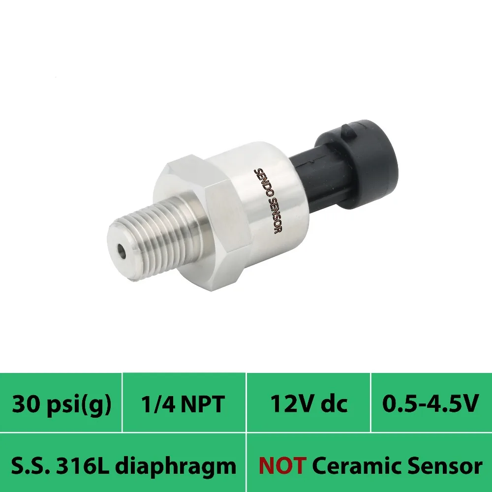 

diffuse silicon pressure sensor, 0 30psi 2bar, 0.5 4.5V output, 12Volt power, aisi 316L diaphragm, 1 4 inch NPT thread, packard