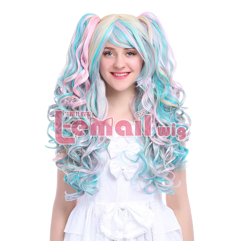 

Free Shipping Gothic 65cm Synthetic Hair Long Curly Harajuku Rainbow Colorful Lolita Cosplay Wig with Ponytails