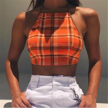 

New2018 relaxation women's wear sleeveless hanging neck tops plaid orange short off-the-shoulder waistcoat