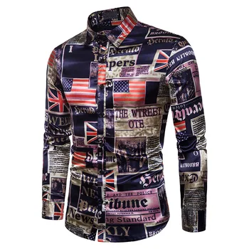 

Silk Shirt Men 2020 Fashion Autumn Long Sleeve Smooth Fabric Casual Flag Print Dress Shirts Camisa Masculina S-XXL