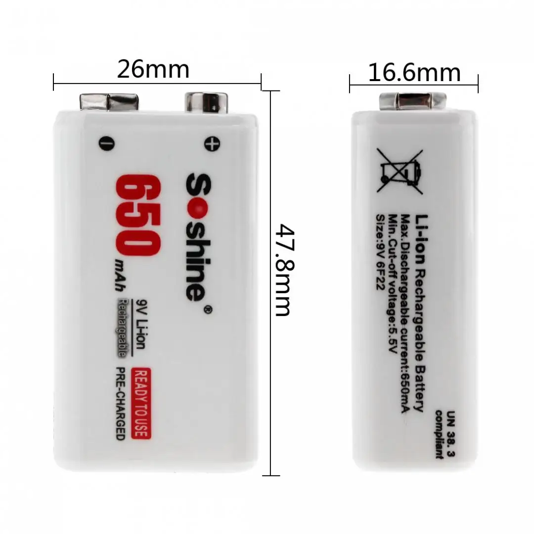 Skup 2 sztuk zestaw Soshine 6F22 9V 650mAh akumulator litowo jonowy do instrumentów elektronicznych multimetr + opakowanie na baterie