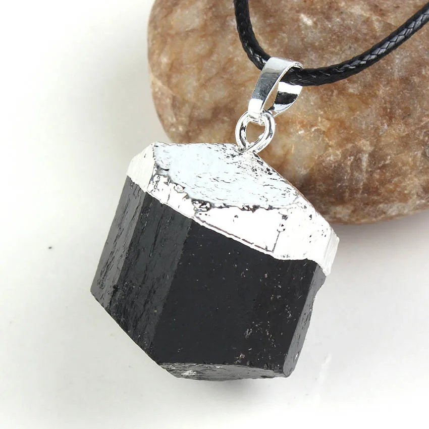 

xinshangmie Silver Plated Irregular Natural Black Tourmaline Ore Energy Chakra Stone Pendant Stone Crystal Healing Jewelry