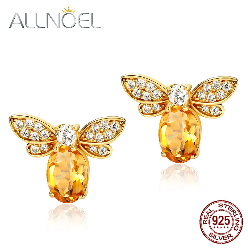 

ALLNOEL Silver 925 Jewerly Bee Earrings Real Gold Natural Citrine Diamond Luxury Fashion Earrings For Women 2019 Statement