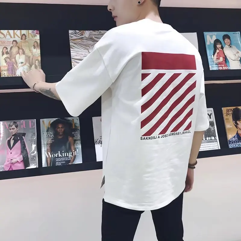 

Men's 2019 Spring Summer New Japanese Tide Brand Five-Sleeve Striped Cotton Round Neck Men's T-Shirt