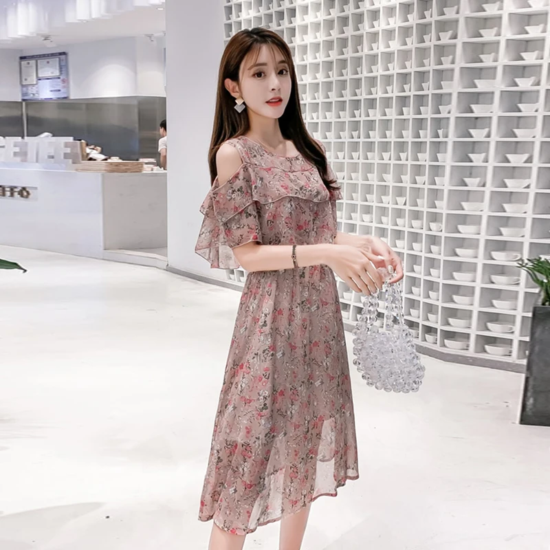 

Off Shoulder Dress Women Harajuku Sweet Chiffon Floral Ruffled Pink Ladies Dresses Korean Style Loose Summer Dress 2019 S-XXL