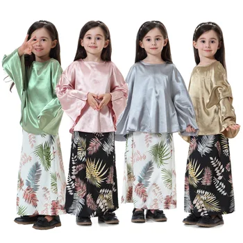 

Girl 90-160cm Cute Muslim Dubai Saudi Arabia Kids Clothing Abaya Top Blouse Skirt 2 pcs Set Rayon Children