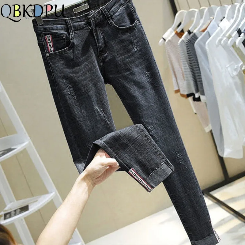 Мама плюс размер мыть тощий рваные джинсы для женщин стрейч Push Up джинсы тонкий высокая талия карандаш брюки корейский Повседневный уличная