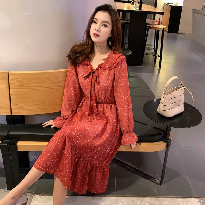 

BGTEEVER Double-layer Collar Lace Up Dot A-line Women Long Dress Full Sleeve Ruffles Female Chiffon Dress 2019 Women Vestidos
