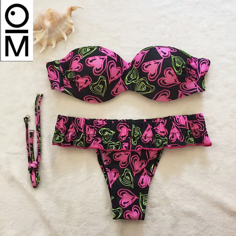 

2018 Women Swimsuits Bandage Sexy Bikini Set Bandeau Branzilian Swimwear Padded Mid Waist Ruffles Bikini Swimming Suit Female