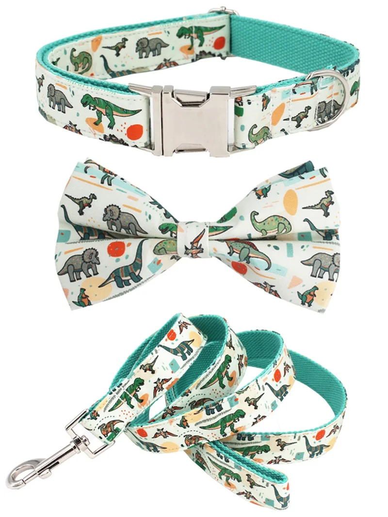 dinosaur dog collar leash set with bow tie for big and small dog cotton