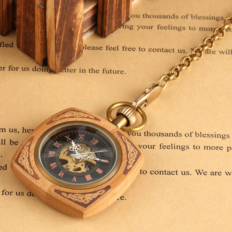 Retro Unique Royal Red Wooden Bamboo Hand Winding Mechanical Pocket Watch Square Dial with 30cm Gold Chain Men Hour Clock Gifts 2018 2019 (16)