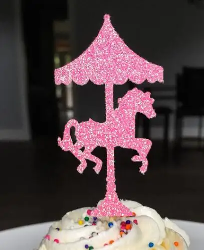 Glitter Carousel Horse Kids Birthday Cupcake Toppers Baptism