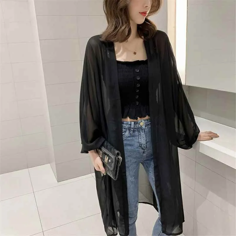 

2019 New Women Summer Chiffon Blouse Casual Loose Kimono Cardigan Sunscreen Tops Solid Fashion Batwing Long Sleeve Long Blouses