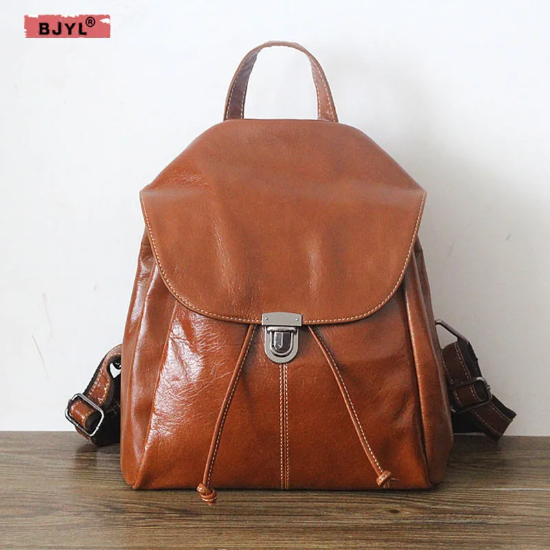 

BJYL first layer of leather backpack women shoulder bag Korean female leather travel backpacks genuine leather school Bag