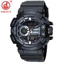 OHSEN мужские черные спортивные часы, пластиковый светодиодный цифровой аналоговый кварцевые наручные часы, армейские водонепроницаемые 30 М часы, люксовый бренд AD1505