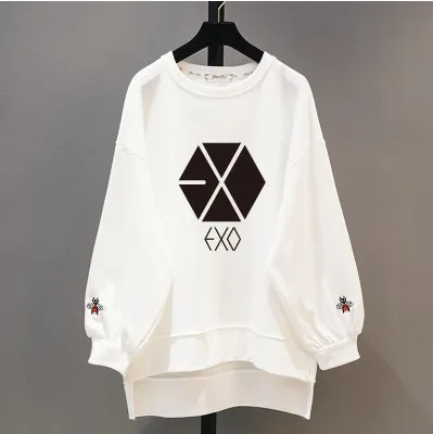 

kpop EXO Spring new 2019 Korea round neck loose long section hoodies women small bee embroidery loose sweatshirts kawaii clothes