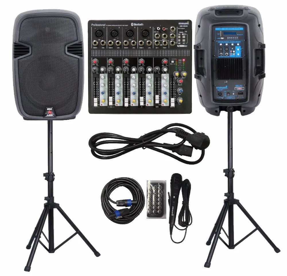 

STARAUDIO 2Pcs 12" 2000W PA Active Powered Speakers System DJ Stands Wired Microphone Cable 6 Channel Bluetooth Mixer SSD-12A