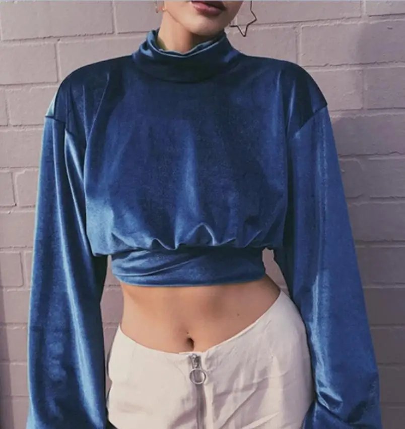 

Gold Velvet Sweatshirt Women Hoodie Royal Blue Jumper Turtleneck Cropped top Coat Long Sleeve Fitness Pullover Tops
