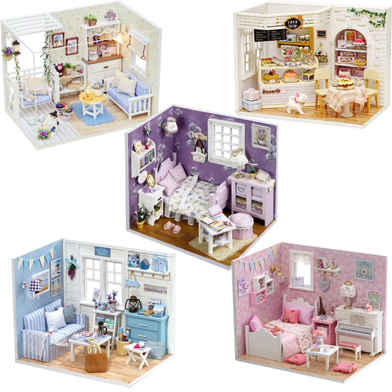 

DIY Doll House Miniature Dollhouse Model With 3D Furniture And Dust Cover Wooden Doll House Creative Toys For Children #E