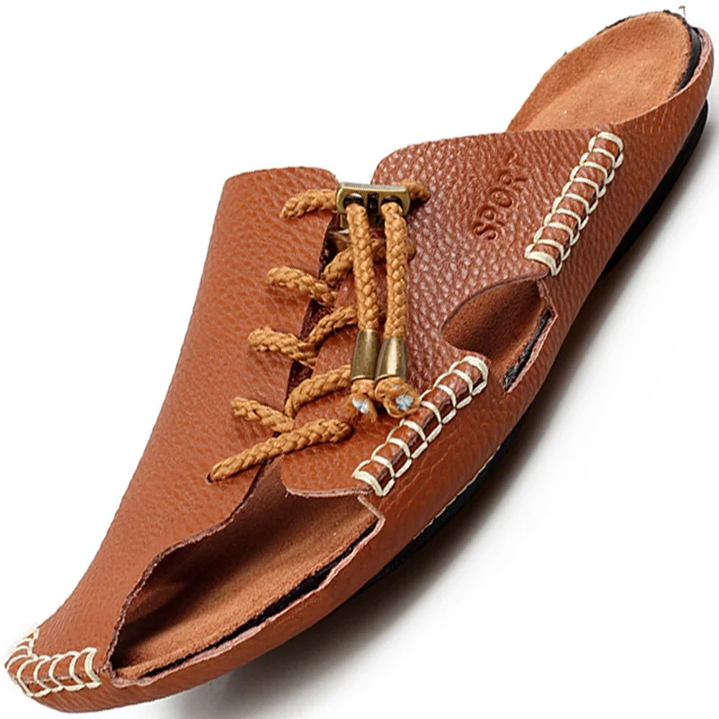 Clearance Sale !! US 8.5 Men Real Leather Casual Close Toe Slippers Outside Man Casual Sandals Slides Summer Shoes