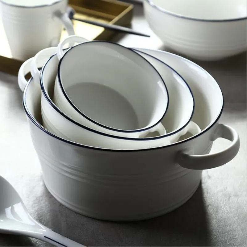 Голубая линия белая керамическая миска для супа с ручкой в скандинавском западном контейнере для еды Бытовая паста тарелка для десерта керамическая посуда 1 шт
