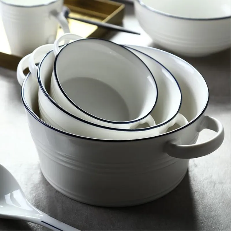 Blue Line White Ceramic Soup Bowl With Handle Nordic Western Food Container Household Pasta Dessert Plate Ceramic Tableware 1pc