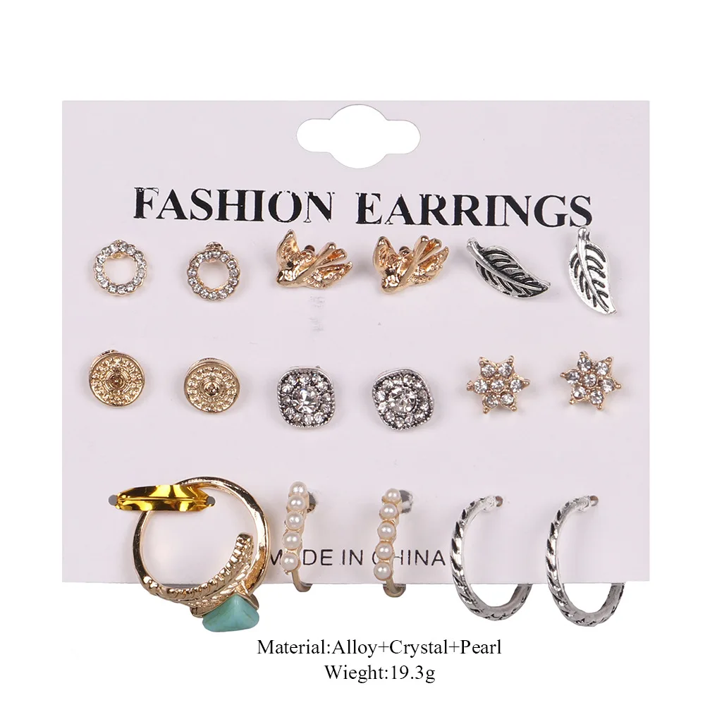 

Punk Mixed Birds Star Heart Cross Shaped Small Stud Earrings Set For Women Imitation Pearl Jewelry Retro style 2018 new earrings