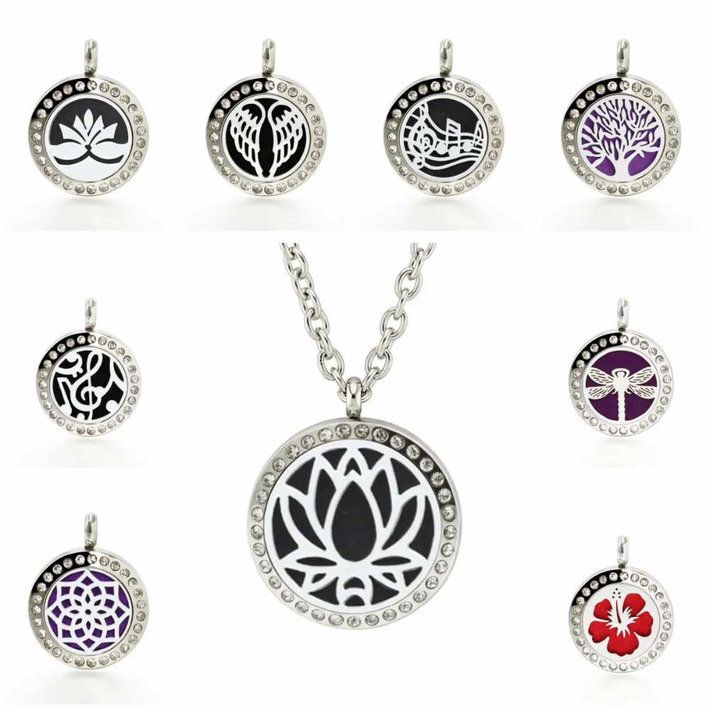 

Tree of Life Lotus Flower Cat 20mm Rhinestone Stainless Steel Aromatherapy Locket Diffuser Necklace Pendant Women 10pcs Pads