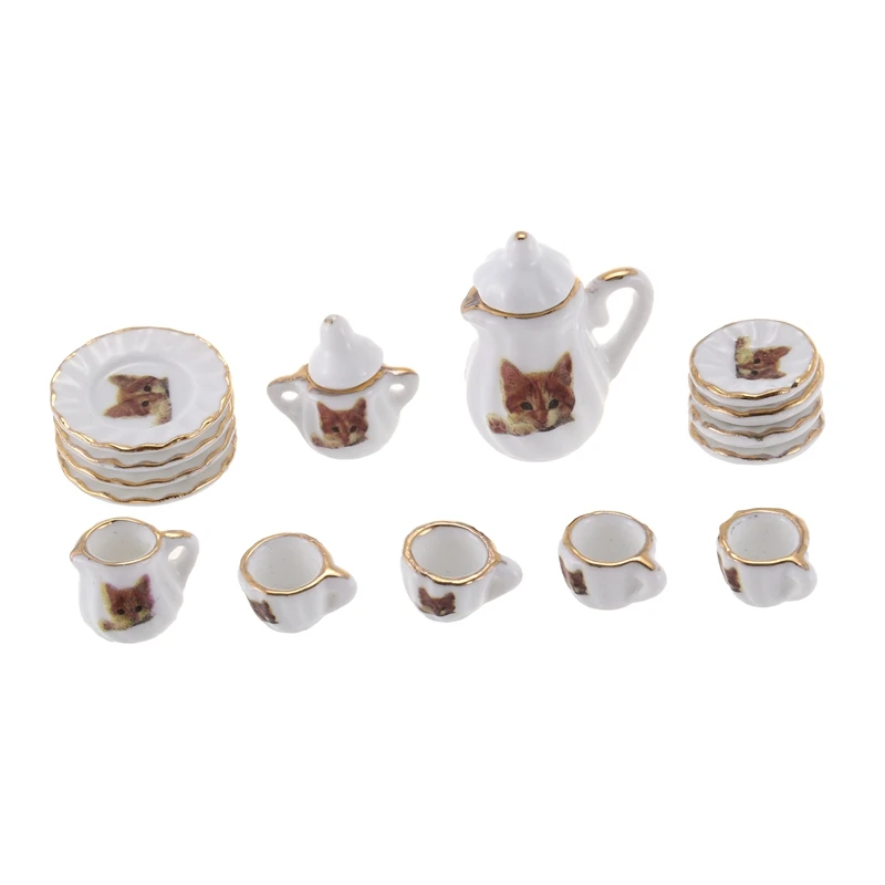 

Set of 15pcs Dolls House Miniature Porcelain Tableware Coffee Tea Cup Saucer Set Cat Print